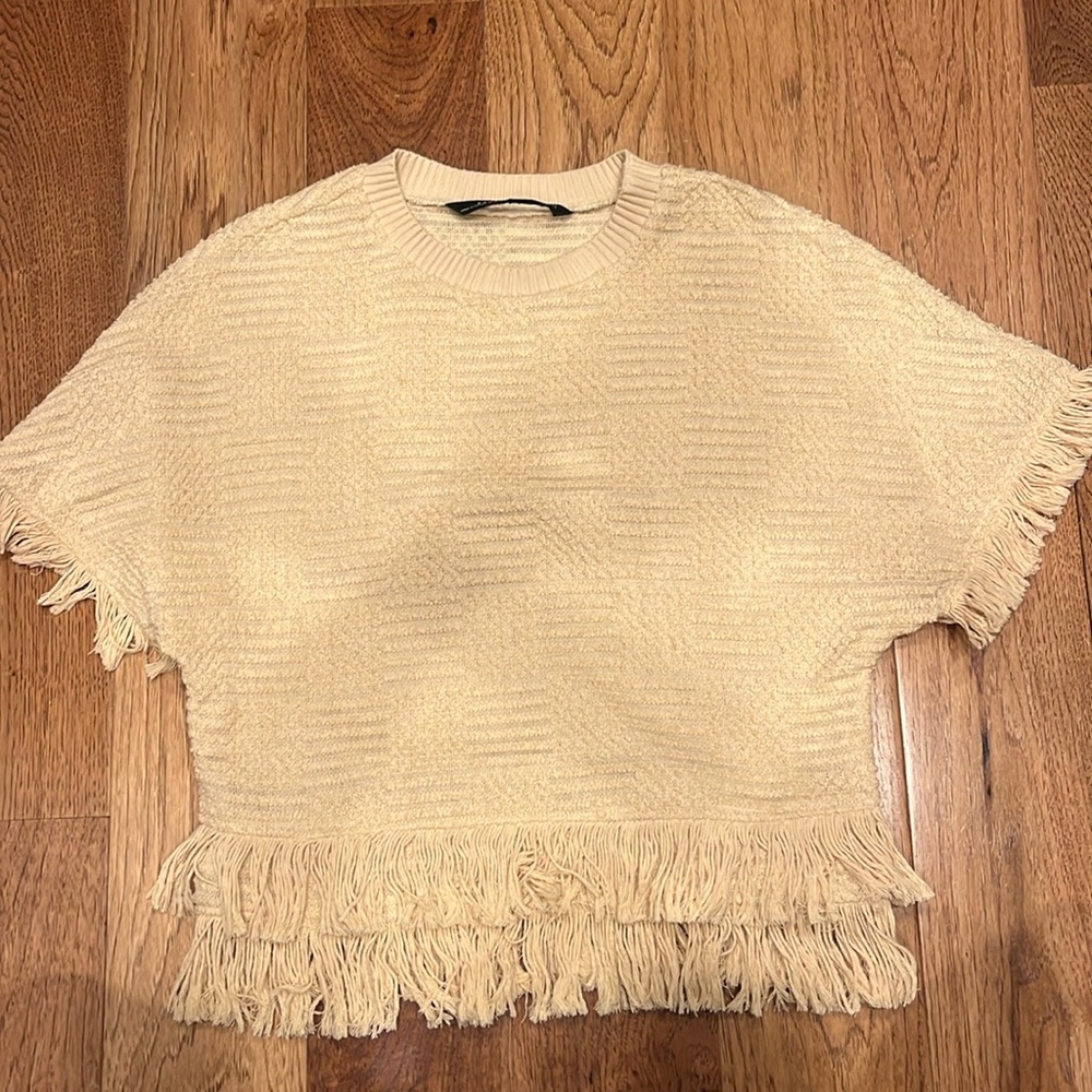 Zara xs beige/nude fringe short sleeve sweater top